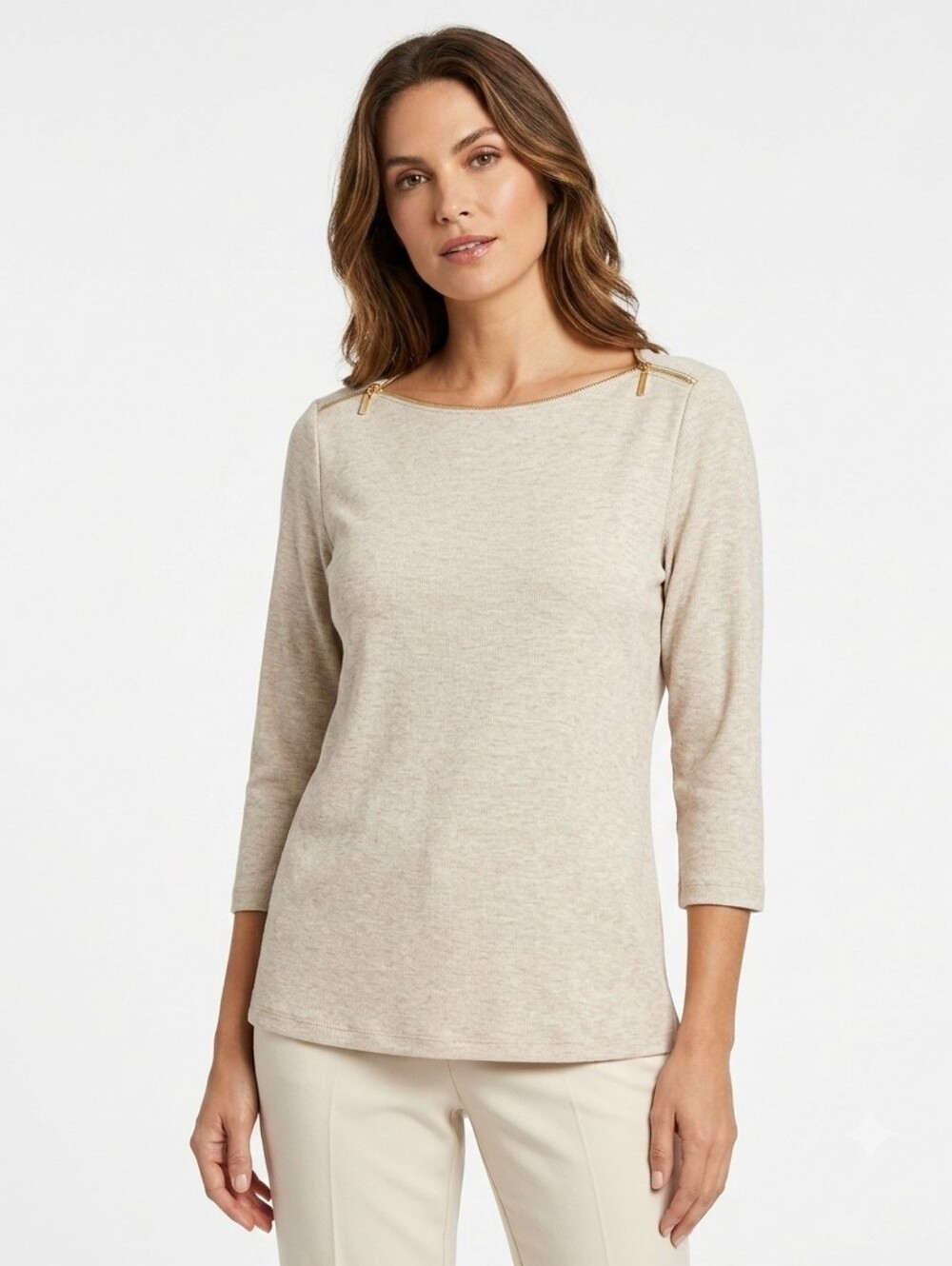 NWOT Rafaella Beige Zip-Shoulder Boatneck Top Size M